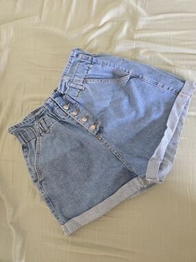 Topshop Light Blue Paperbag Waist Denim Shorts